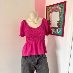 No Boundaries Bright Fuchsia Smocked Peplum Crop Top